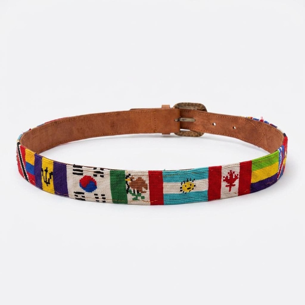 Vintage Guatemalan Handwoven Needlepoint World Flags Belt | 31–33" Waist
